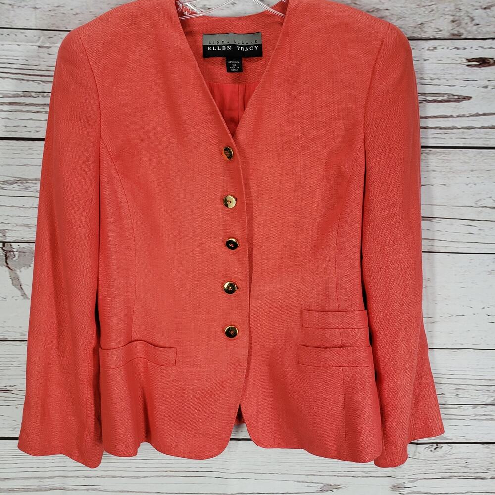 Linda Allard Ellen Tracey 100%Linen Orange Blazer Jacket Size 10